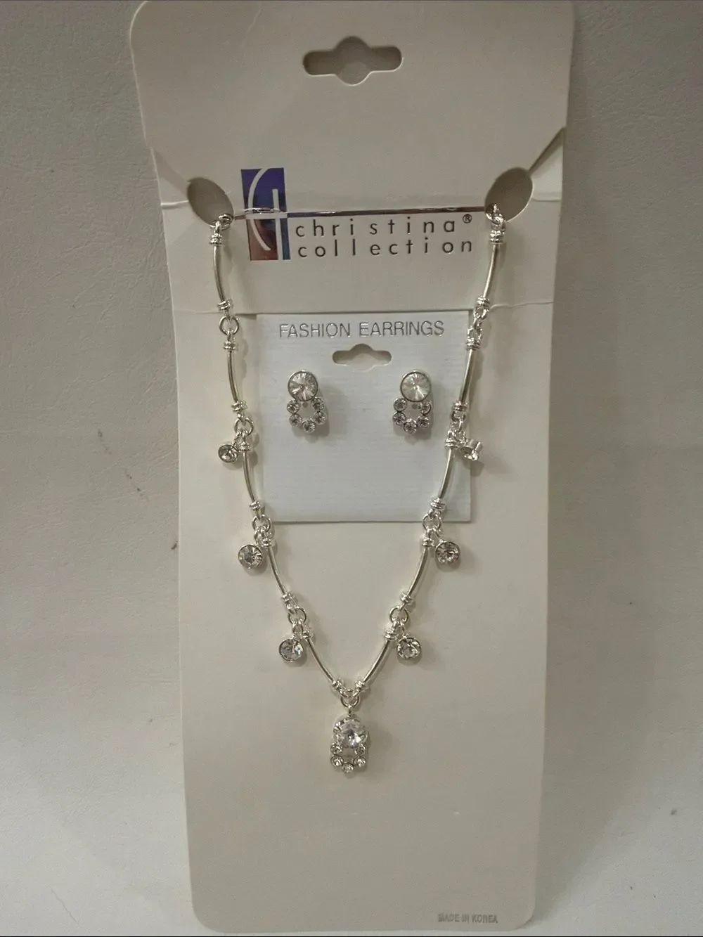 Christina Necklace Floral Rhinestone Earrings  Silver Adjustable